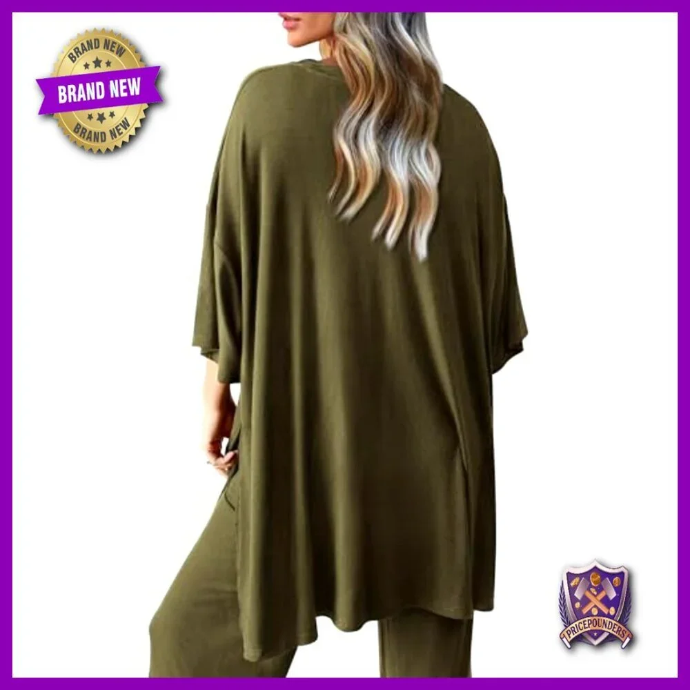 Two Piece Lounge Set Wide Leg Pants Crewneck Top Comfortable Knit Matching